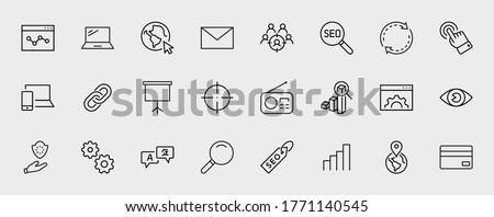 Set of SEO Related Vector Line Icons. Contains such Symbols as Web icon, Eye, Localization, Link, Traffic, Translate, Performance Tracking, Point and more. Editable Stroke. 32x32 Pixels