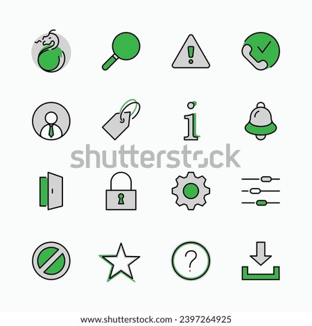 Set of Interface Related Vector Line Icons. Contains such Icons as User, Search, Info, Star, Bell, Door, Settings, Lock, Alert, Gear and more. Editable Stroke. 32x32 Pixel Perfect