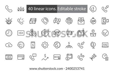 Set of Phone vector line icons. It contains the symbols of incoming, outgoing, missed calls, global call and round the clock online support and much more. Editable Stroke. 32x32 pixels.
