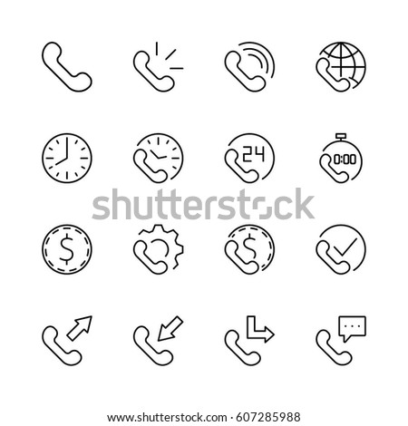 Set of phone vector line icons. It contains the symbols of incoming, outgoing, missed calls, global call and round the clock online support and much more. Editable move. 32x32 pixels.