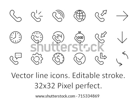 Set of phone vector line icons. It contains the symbols of incoming, outgoing, missed calls, global call and round the clock online support and much more. Editable move. 32x32 pixels.