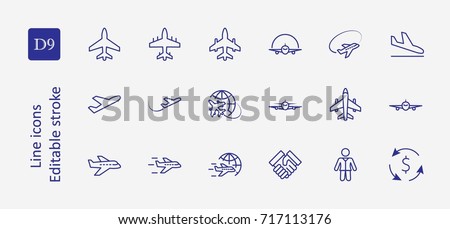 Set of plane vector line icon. It contains symbols to aircraft, globe and more. Editable move. 32x32 pixels.