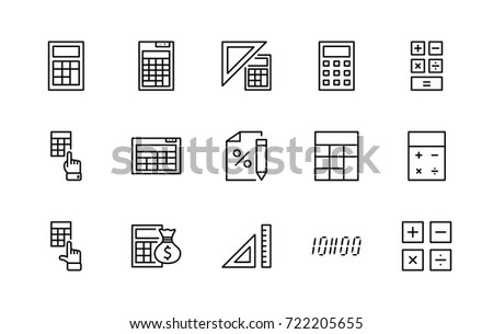 Set of Calculation Vector Line Icons. Contains such Icons as Calculator Icon, Pencil, Click, Money Bag, Percent symbol, Square and Ruler. Editable Stroke. 32x32 Pixel Perfect.
