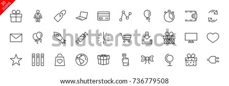 A set of gifts, vector line icons. Contains symbols gift cards, ribbons and more. Editable Stroke. 32x32 pixel.