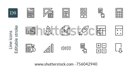 Set of Calculation Vector Line Icons. Contains such Icons as Calculator Icon, Pencil, Click, Money Bag, Percent symbol, Square and Ruler. Editable Stroke. 32x32 Pixel Perfect.