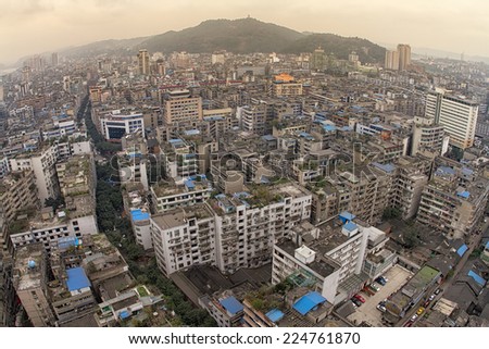 Yibin, Sichuan province, China - February 7, 2014 - panorama view of Yibin City, where the famous Chinese wine \