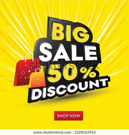 Big Sale 50 percent Discount 3d Typography, Yellow Festive background, Advertisement Template Design Vector