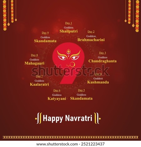 Happy Navratri 9 Days, Nine Goddess. Maa Durga, Dussehra, Vijayadashami Greetings vector Design Template