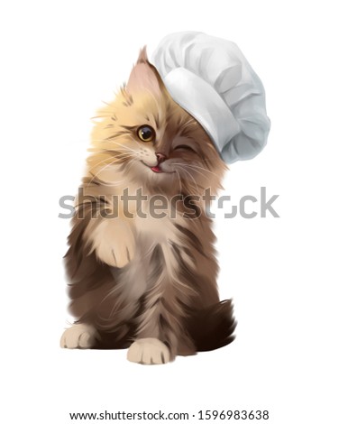 A fluffy kitten in a chef's hat. Watercolor drawing