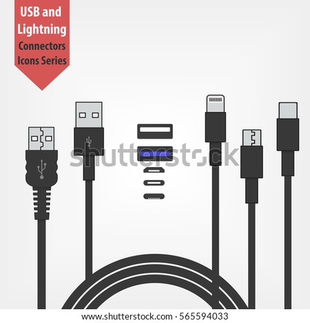 set of usb and Lightning interface black cables  isolated on white background. Micro USB, USB type c and Lightning sockets. Vector icon for computer peripherals connector or smartphone recharge supply Imagine de stoc © 