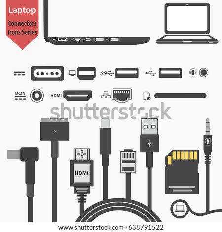Laptop side view with connectors Illustration. SD, HDMI, USB, Ethernet, displayport, magsafe, power DC in power supply, audio trs sockets. computer peripherals in flat design. and notebook icon