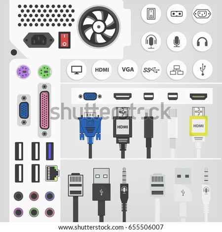 PC connectors and sockets illustration in flat style. Computer peripherals icons. Power supply, cooler, VGA, hdmi, usb, ethernet and other interfaces. PC back side