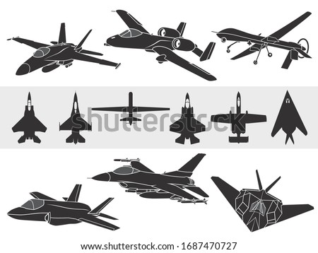 Set of american fighter airplanes: F-18, A-10, F-35, F-16 and F-117 