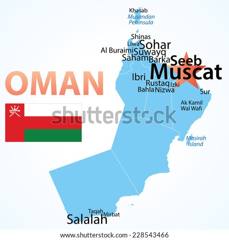 Oman - map with largest cities, carefully scaled text by city population.