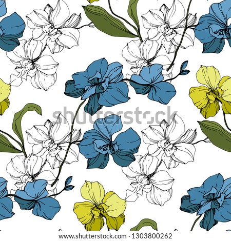 Vector Blue and yellow Orcid floral botanical flower. Wild spring leaf wildflower isolated. Black and white engraved ink art. Seamless background pattern. Fabric wallpaper print texture.