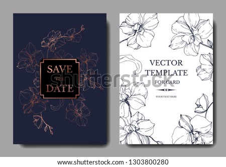 Vector Orcid botanical flower. Wild spring leaf isolated. Engraved ink art. Wedding background card floral decorative border. Thank you, rsvp, invitation elegant card illustration graphic set banner.