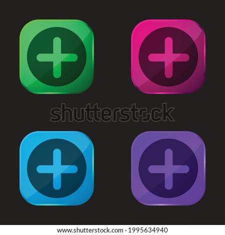 Add Button With Plus Symbol In A Black Circle four color glass button icon