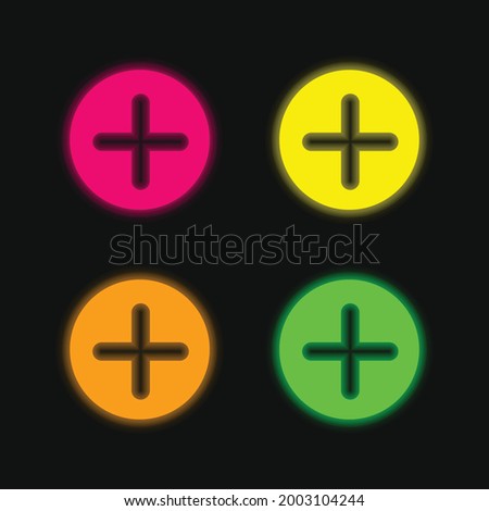 Add Button With Plus Symbol In A Black Circle four color glowing neon vector icon
