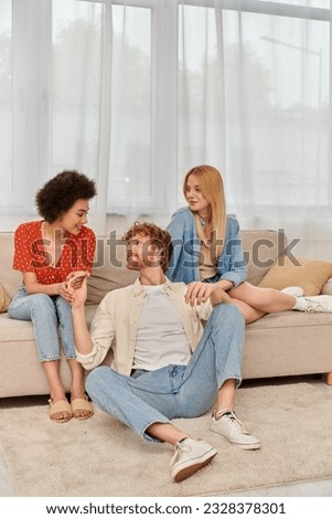 Similar – Image, Stock Photo Cheerful female near triangle window