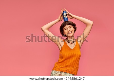 Similar – Image, Stock Photo Joyful young woman in eyeglasses standing with eyes closed