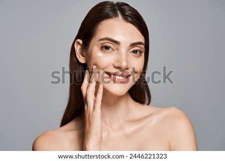 Image, Stock Photo beautiful woman of Caucasian appearance with black hair dances in drops of water on a black background. The woman is wearing a white chiffon dress