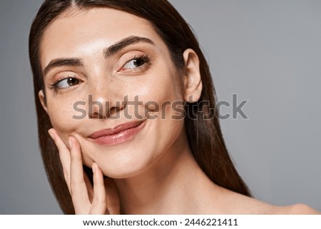 Similar – Image, Stock Photo Close up woman portrait mouth with tongue in corner of mouth