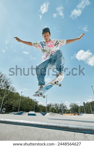 Similar – Image, Stock Photo Skater performing trick on ramp in skate park