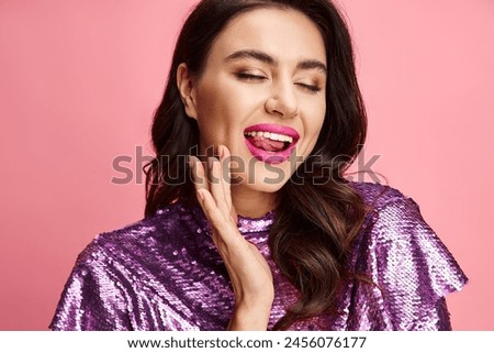 Similar – Image, Stock Photo Woman lipstick on pink background with copy space