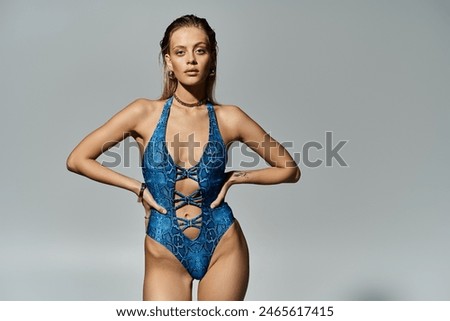 Similar – Image, Stock Photo Appealing female in swimsuit posturing on beach