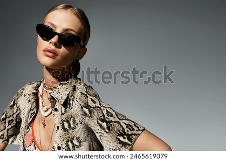 Image, Stock Photo Stylish woman in sunglasses leaning on building wall