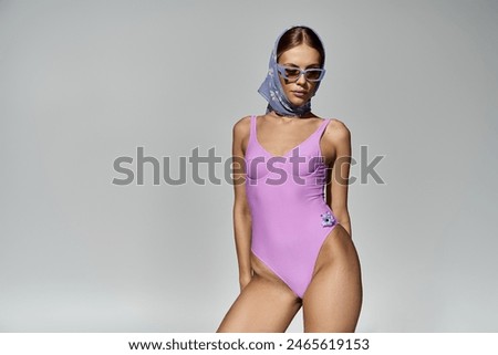 Similar – Image, Stock Photo Appealing female in swimsuit posturing on beach