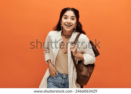Image, Stock Photo Woman with backpack wandering around a forest on autumn cold day