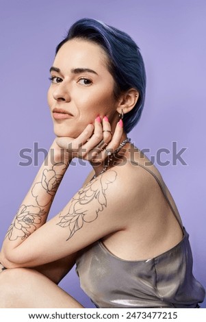 Similar – Image, Stock Photo Woman with purple hair leaning on metal fence and looking away