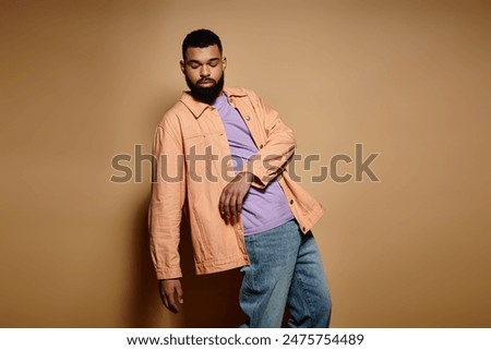 Similar – Image, Stock Photo Young male model standing in studio