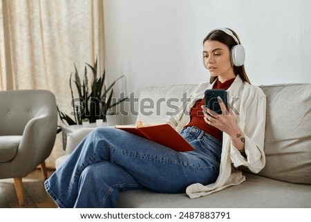 Similar – Image, Stock Photo Young woman listening to music