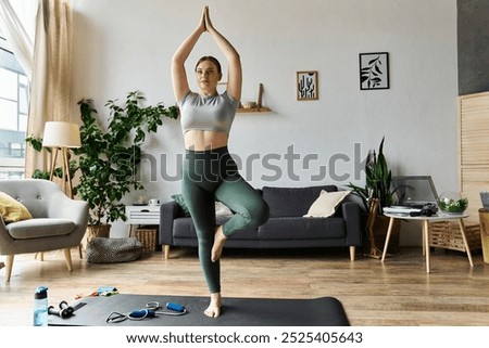 Similar – Image, Stock Photo Sportive woman performing yoga pose in room