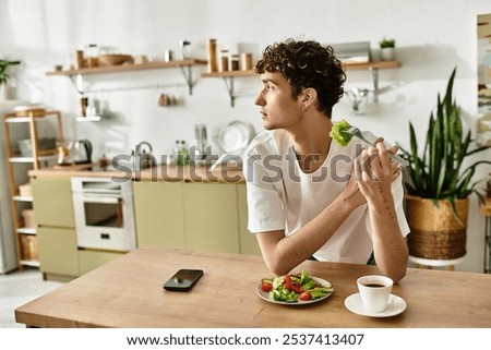 Similar – Image, Stock Photo A man thoughtfully eats his celery on the train. He likes greenery and healthy food.