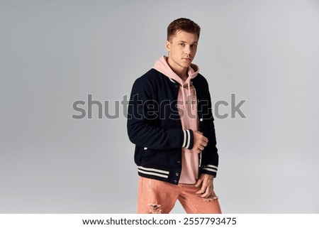 Image, Stock Photo Man in trendy outfit and sunglasses on blue background