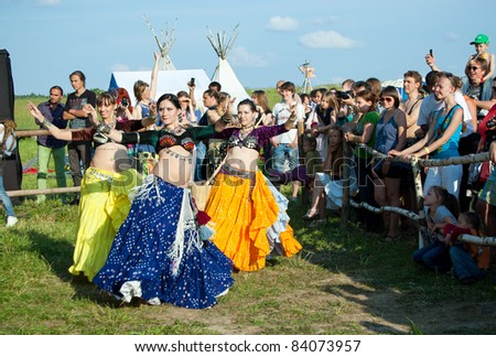 BOROVSK, RUSSIA - JUNE 18: The dancing group ensemble known as Yoki participate in a traditional festival of a folk music called \
