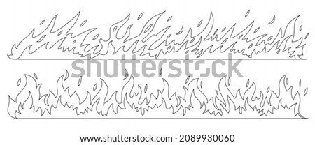 Fire bonfire border flames thin black line set. Collection sign danger ignition object forest fires flammable liquid. Outline flame energy fiery explosion hot discount simple icon isolated on white