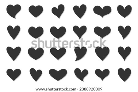 Heart silhouette diff shape black flat set. Icon retro abstract romantic love valentine day card health care wedding invitation outline graphic design element like symbol with shadow isolated white