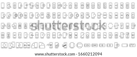 Set of phone icons in linear design. Various functions and apps for Smartphone. Thin linear vector icons