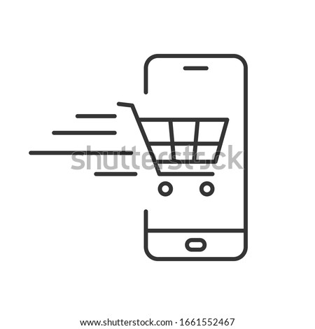 Phone icon with shopping cart in flat linear style. Phone outline icon. Vector illustration.