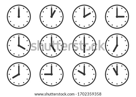 Set of watches with different times. Clock icon isolated. Vector illustration. Clock vector icons