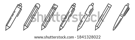 Pens and pencils isolated. Writing tools icons set. Vector illustration. Linear templates of ballpens and pencils