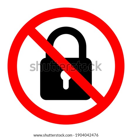 No lock icon. Blocking icon. Lock is prohibited. Stop or ban red round sign with padlock icon. Vector illustration.