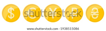 World currency coins. Currency signs of different countries. Vector illustration.