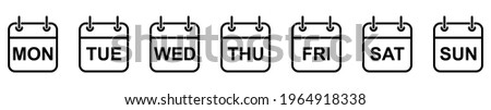 Every day of a week calendar icons. Set of black calendar icons. Vector illustration. Isolated calendar icons on white background