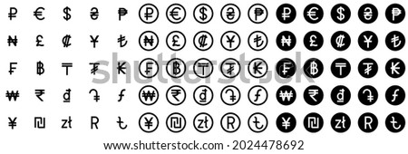 Currency signs of different countries. Set of black currency symbols. Vector illustration.