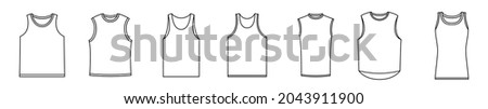 Sleeveless tank icon. Set of men's tank template. Vector illustration. Black linear sleeveless shirts.